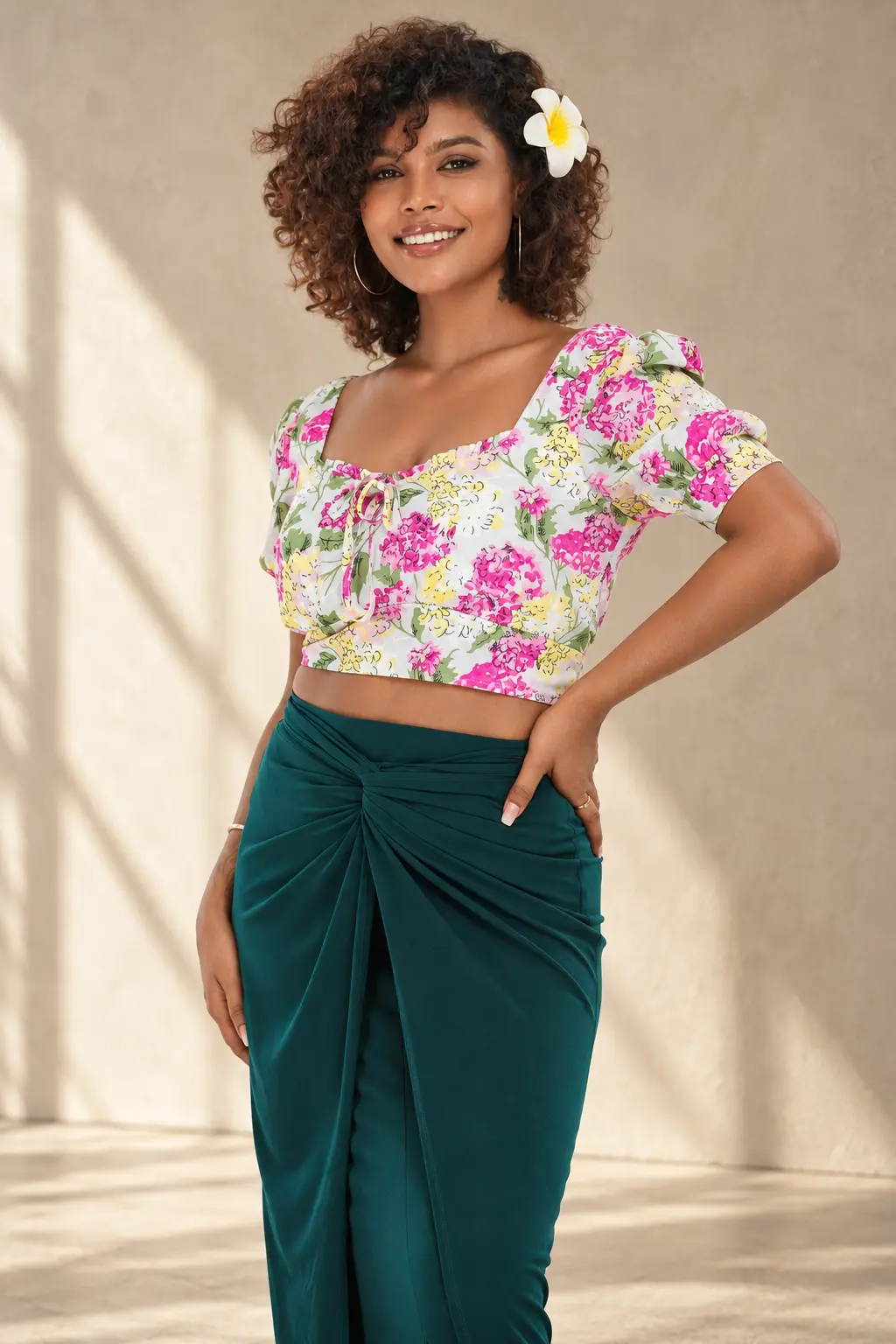 Model in a colorful floral puff-sleeve crop top and teal draped skirt, featuring fashion-forward womenswear from Trendyear apparel manufacturing