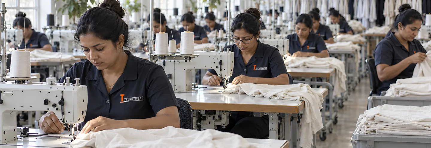Skilled garment workers operating industrial sewing machines at Trendywear's apparel manufacturing facility in Sri Lanka, producing clothing for international fashion brands