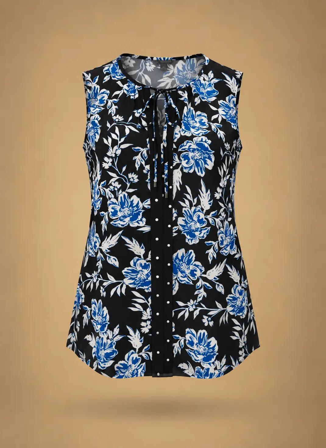 Black sleeveless women's blouse with blue and white floral print, gathered round neckline, tie-front detail and decorative button placket