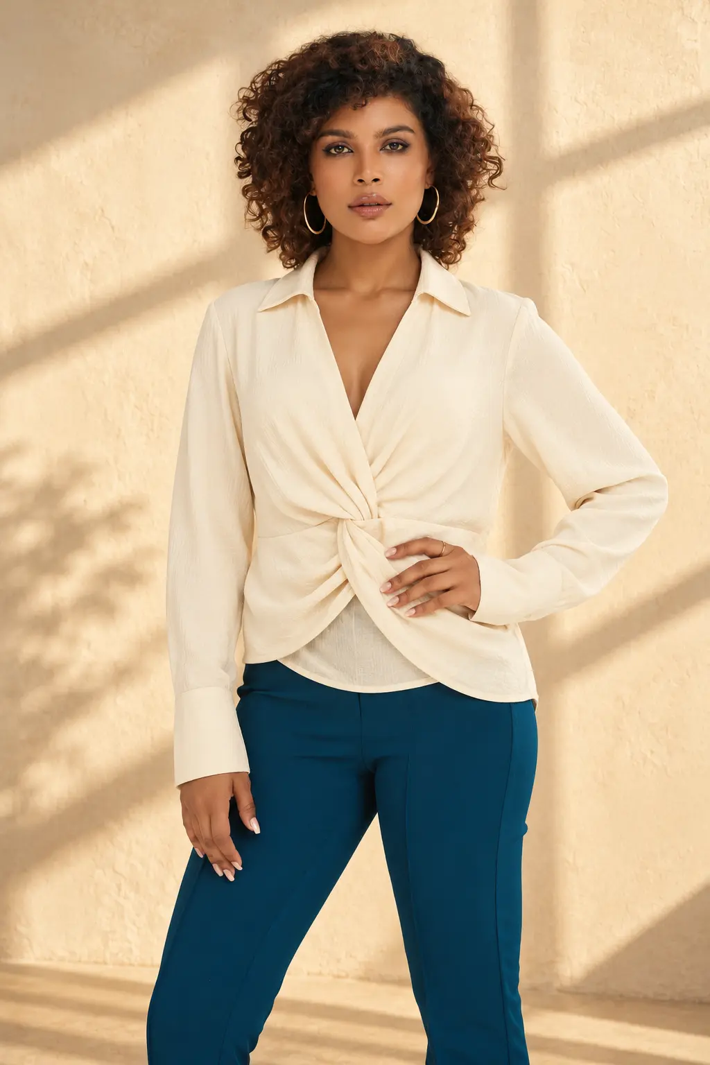 Model wearing a cream long-sleeve twist-front blouse with teal tailored trousers, showcasing contemporary womenswear by Trendywear
