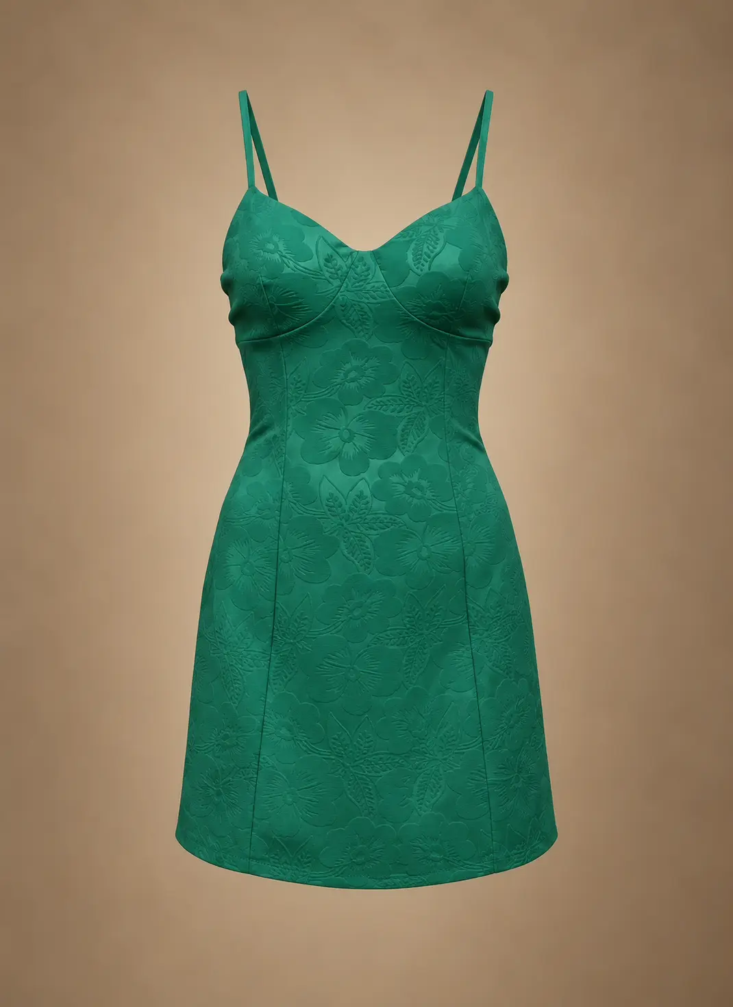 Emerald green women's mini dress with thin shoulder straps, a fitted bodice and an all-over raised floral pattern