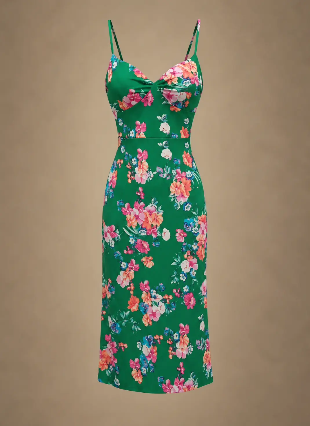 Green spaghetti-strap midi dress with a gathered sweetheart neckline and colourful pink, orange and blue floral print