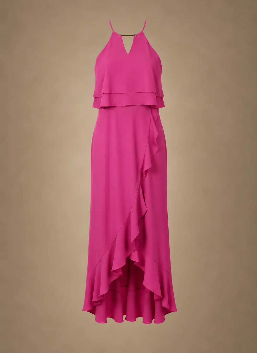 Bright pink halter-neck maxi dress with a front keyhole detail, layered bodice and cascading ruffle skirt