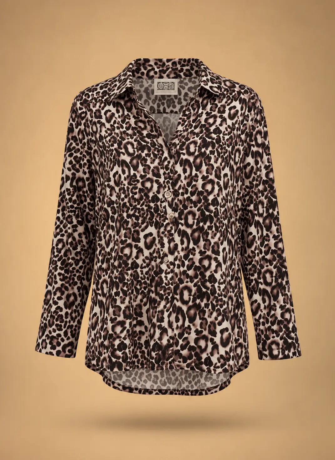 Women's long-sleeve leopard-print blouse in beige, brown and black with pointed collar, button-front fastening and curved hem