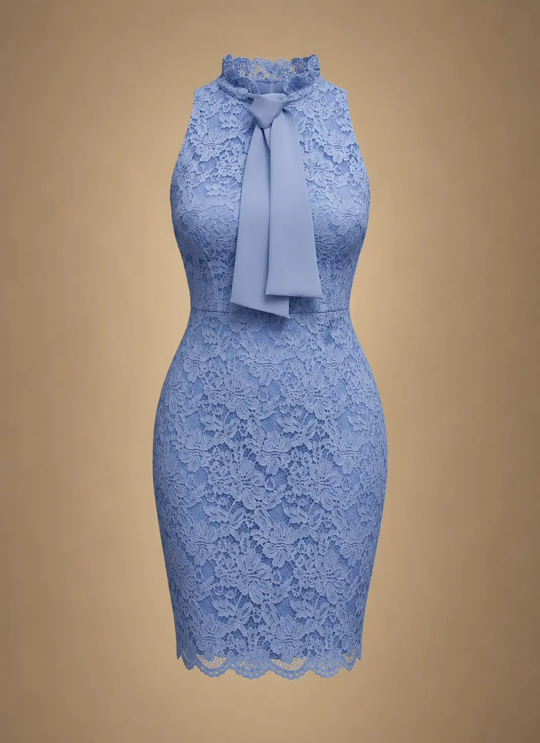 Light blue sleeveless fitted lace dress with a high scalloped neckline, floral lace overlay and long neck-tie detail