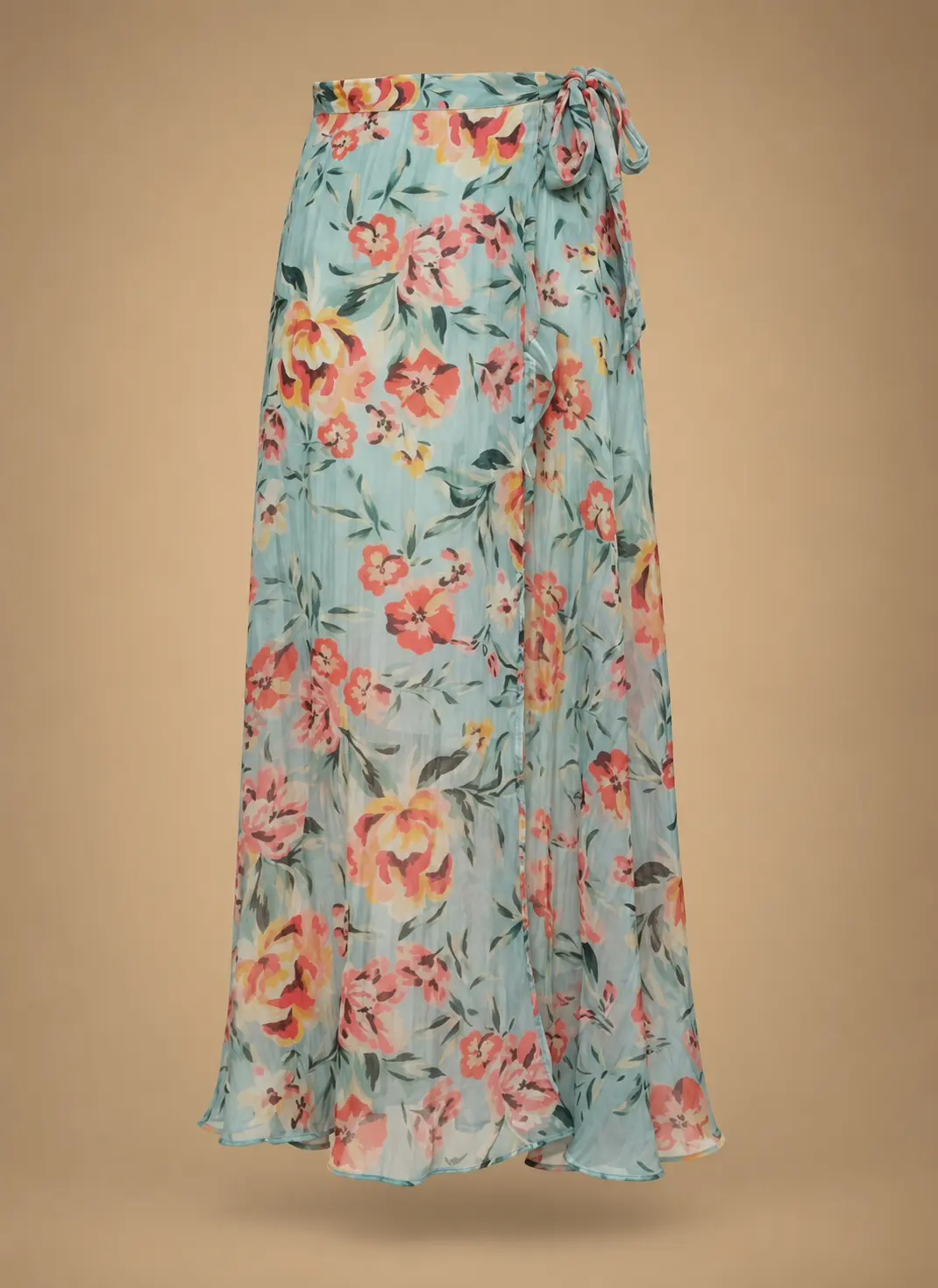 Flowing pastel blue women's floral maxi skirt with pink and coral flowers, a side tie waist and a softly draped wrap silhouette