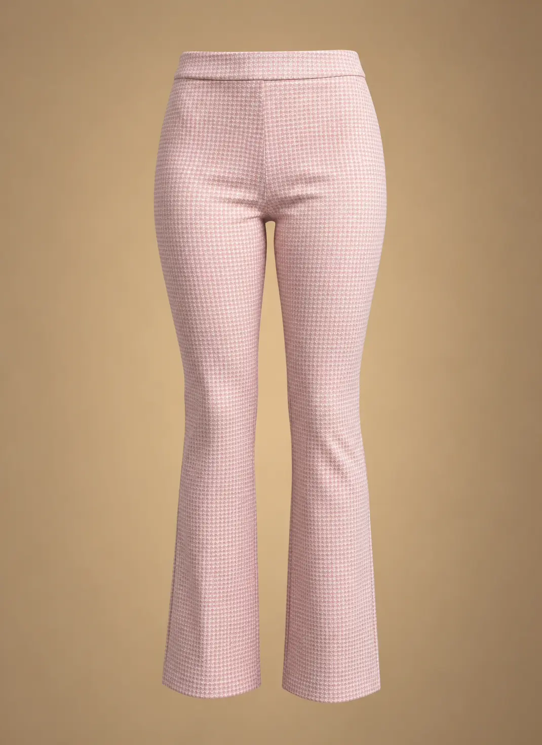 Light pink women's fitted trousers with an all-over small geometric pattern, tailored waistband and gently flared legs