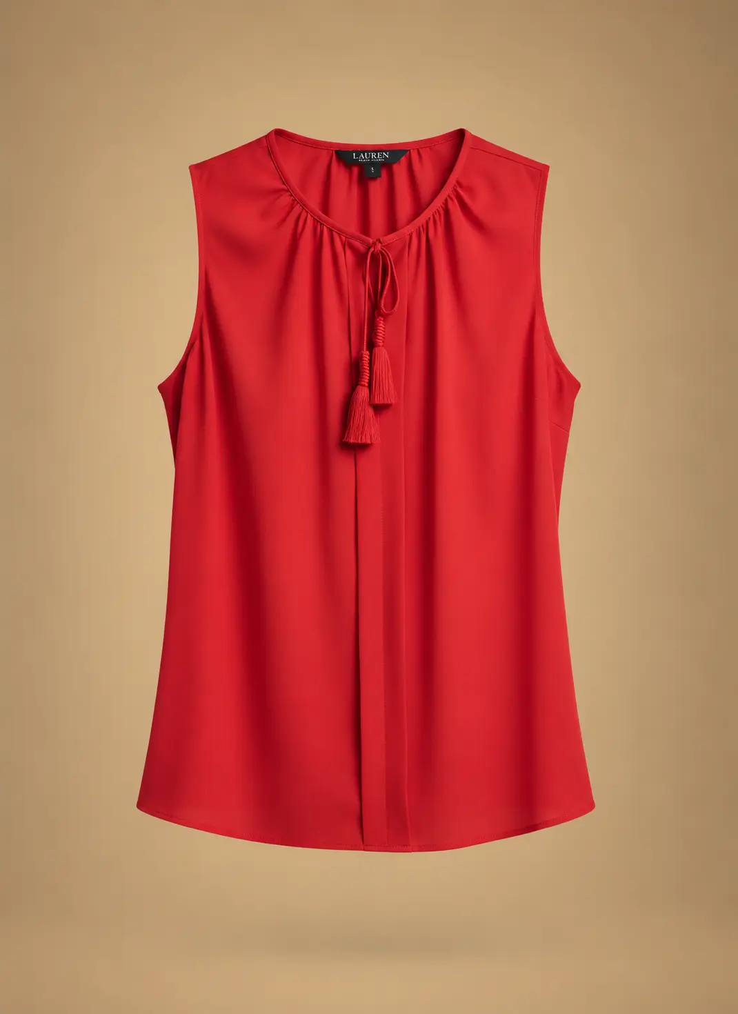 Red sleeveless women's blouse featuring a gathered round neckline, front keyhole opening, matching tassel ties and a relaxed silhouette