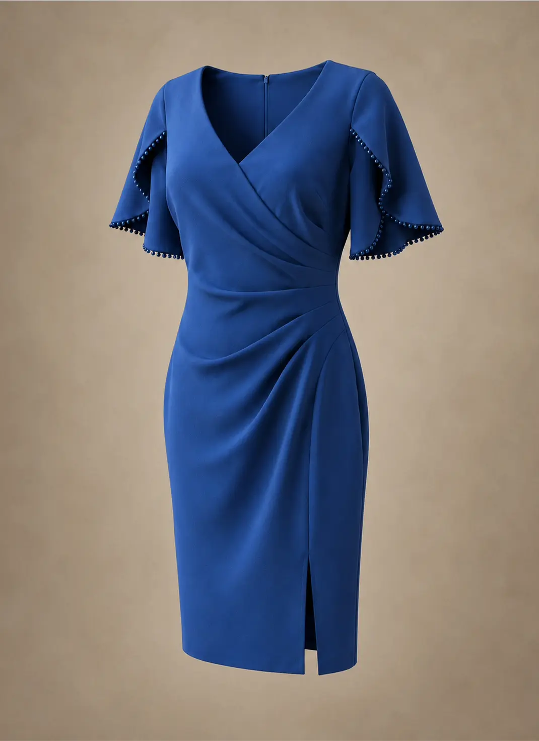 Royal blue women's midi dress featuring a V-neckline, draped waist, flutter sleeves with beaded trim and a front slit