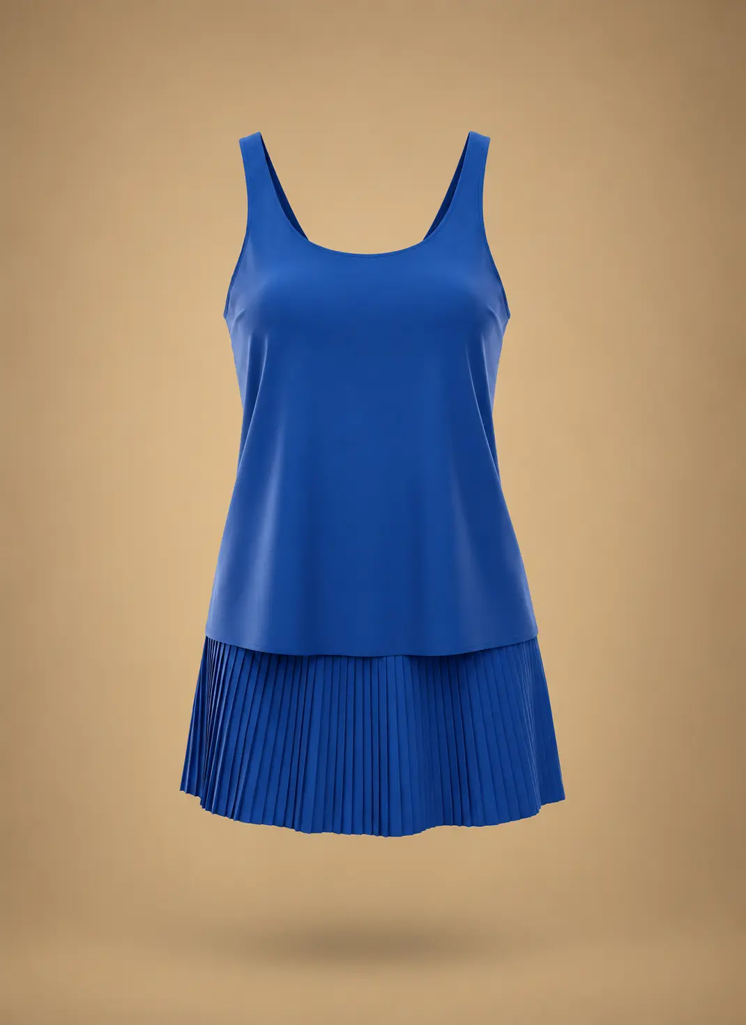 Royal blue sleeveless women's mini dress featuring a scoop neckline, smooth fitted upper panel and sharply pleated skirt