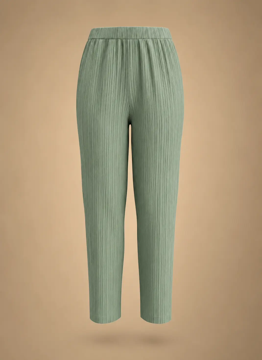 Sage green women's straight-leg trousers featuring vertically textured fabric, an elasticated waistband and a relaxed silhouette