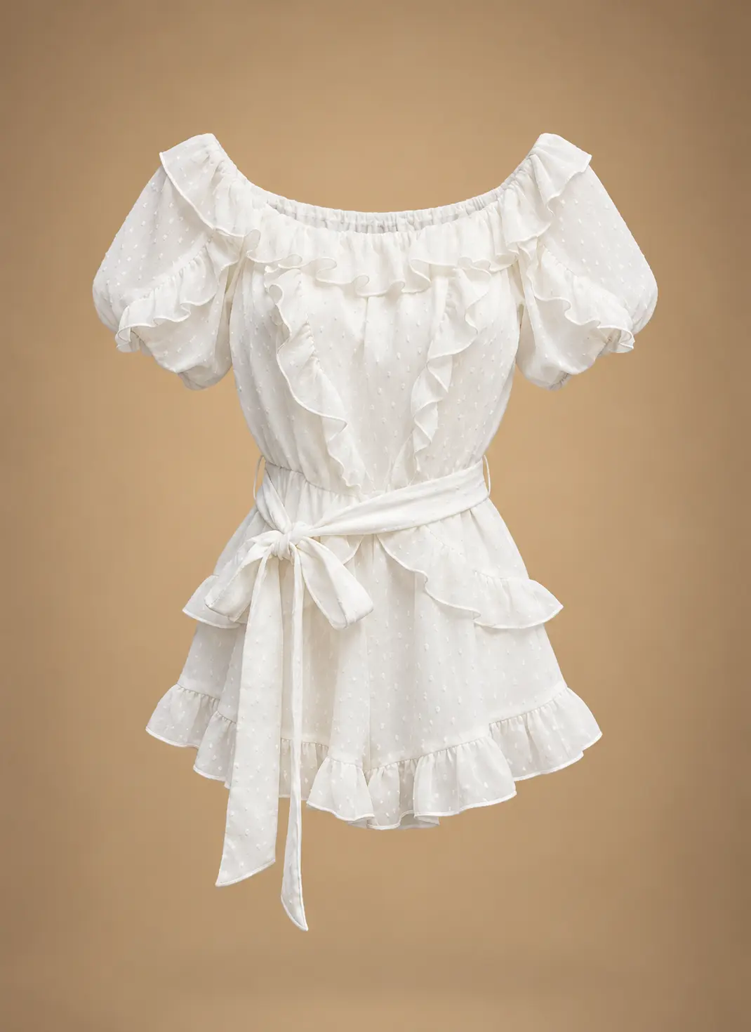 White women's mini dress with textured Swiss-dot fabric, puff sleeves, elasticated neckline, ruffle trims and a tied waist belt